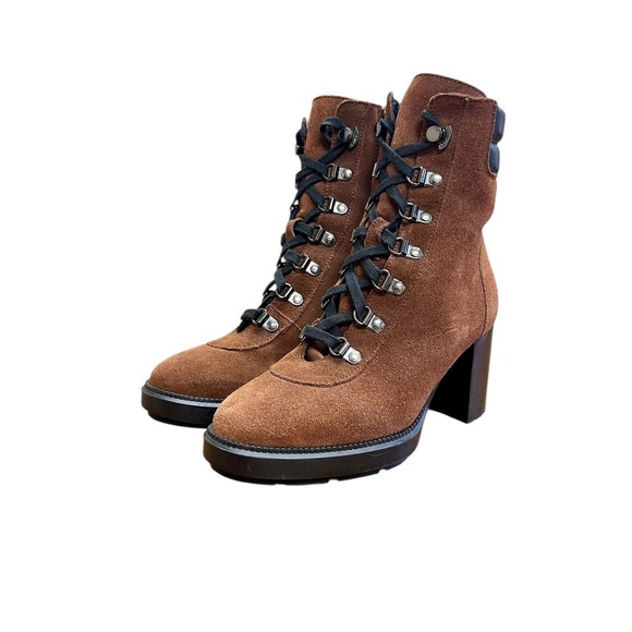 Aquatalia Shoes - AQUATALIA Brown Suede Iriana  Boots Sz 6 Lace Up Block Heel Combat Italy
